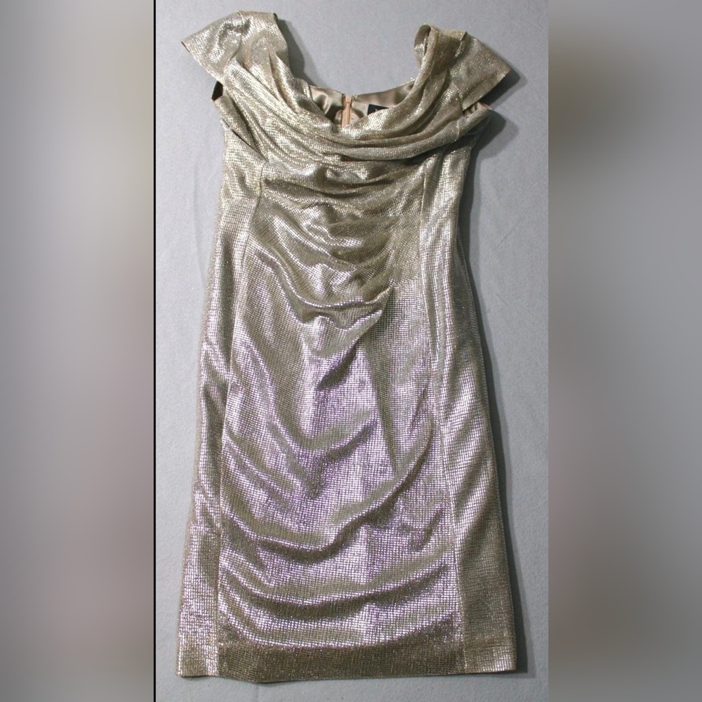 ​Tahari ASL Metallic Champagne‎ Gold Cocktail Dress 6 Cowl Neck Draped Back Gala